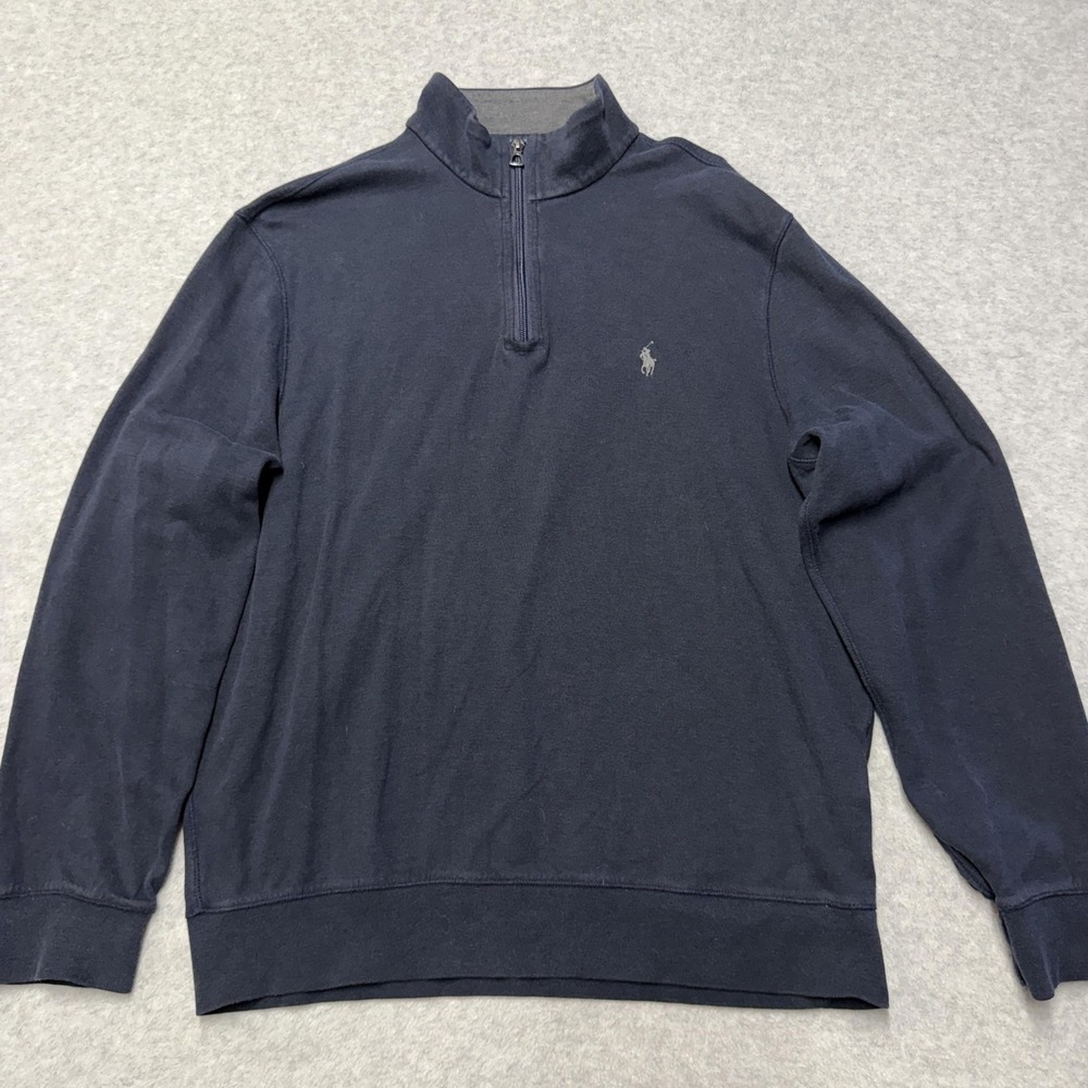 Polo Ralph Lauren Sweater Mens Medium Blue Cotton 1/4 Zip Mock Neck Pullover